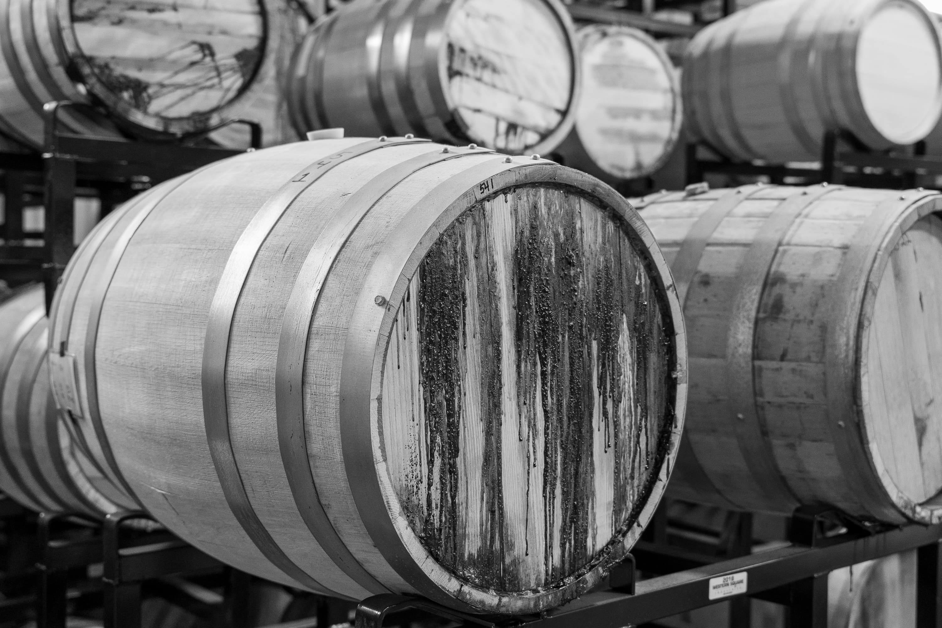 Charred oak barrels in the rackhouse