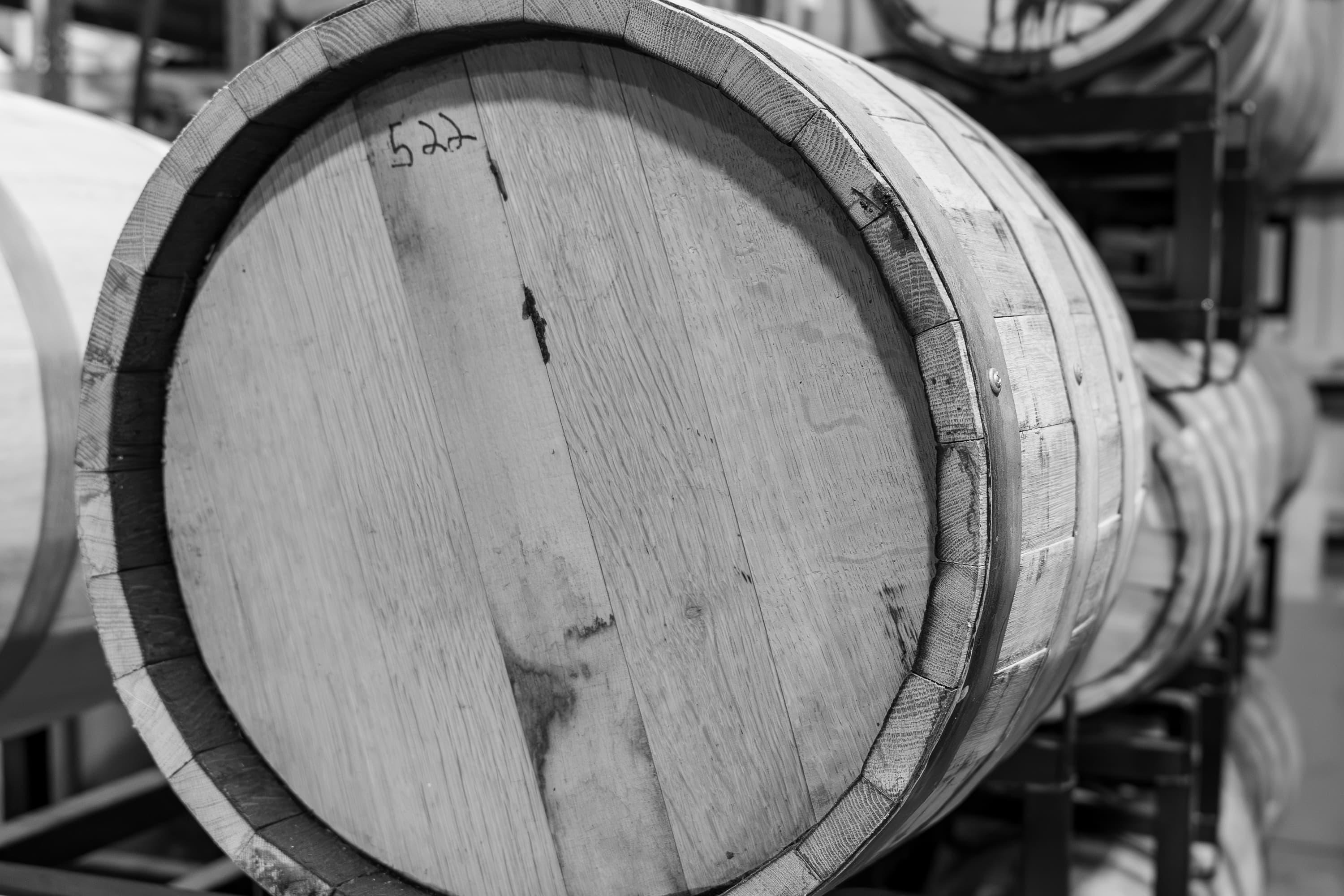 Charred oak barrel head with maker's mark